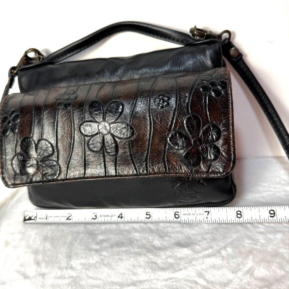 Atelier V Cuir Brown Black Daisy Embossed Leather Shoulder Wallet Clutch Purse W - Picture 4 of 16